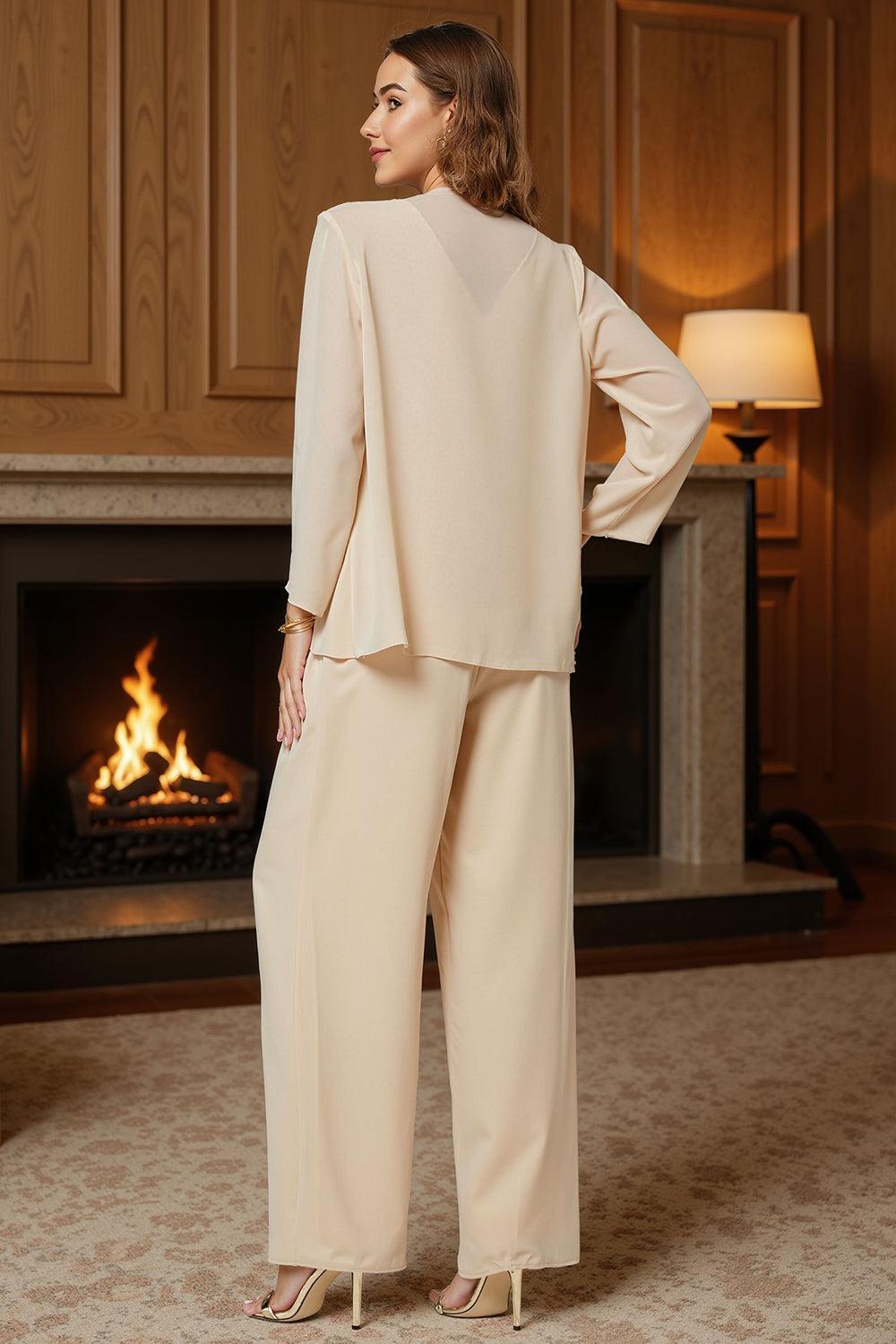 Dreamyannie Champagne Chiffon V Neck 3 Piece Mother Of The Bride Pant Suits With Lace