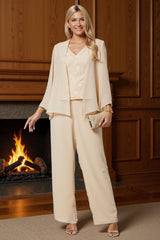 Dreamyannie Champagne Chiffon V Neck 3 Piece Mother Of The Bride Pant Suits With Lace