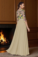 Dreamyannie Champagne Floral Boat Neck Floor Length Mother Of The Bride Jumpsuits With Cape