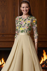 Dreamyannie Champagne Floral Boat Neck Floor Length Mother Of The Bride Jumpsuits With Cape