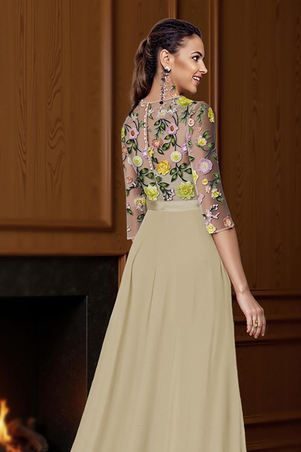 Dreamyannie Champagne Floral Boat Neck Floor Length Mother Of The Bride Jumpsuits With Cape
