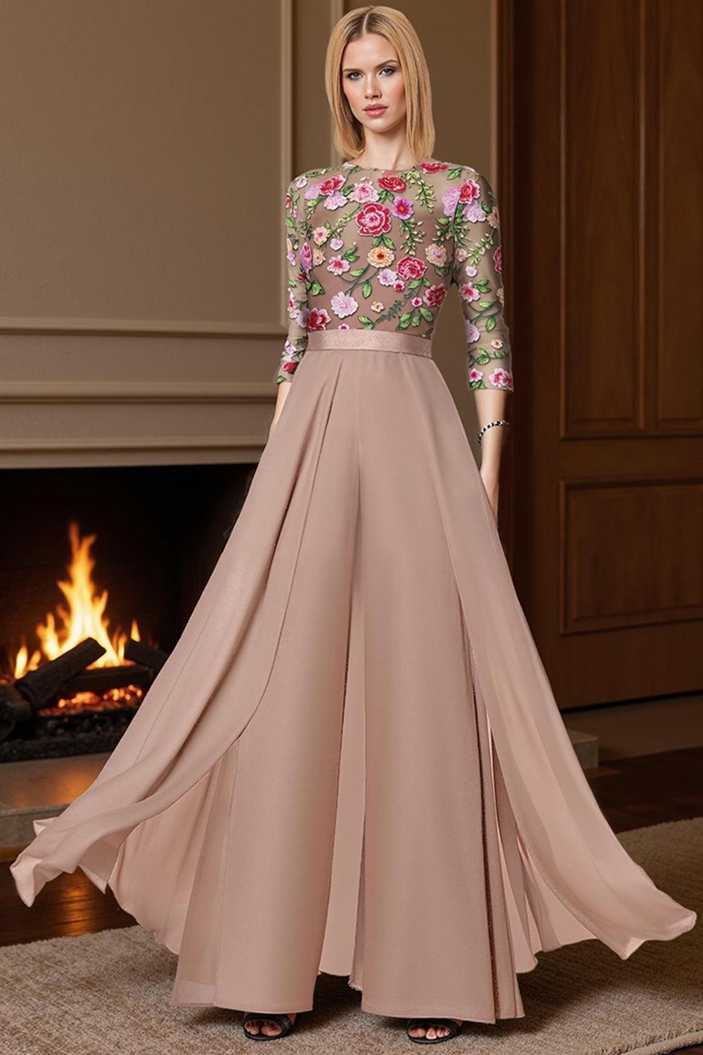 Dreamyannie Champagne Floral Boat Neck Floor Length Mother Of The Bride Jumpsuits With Cape