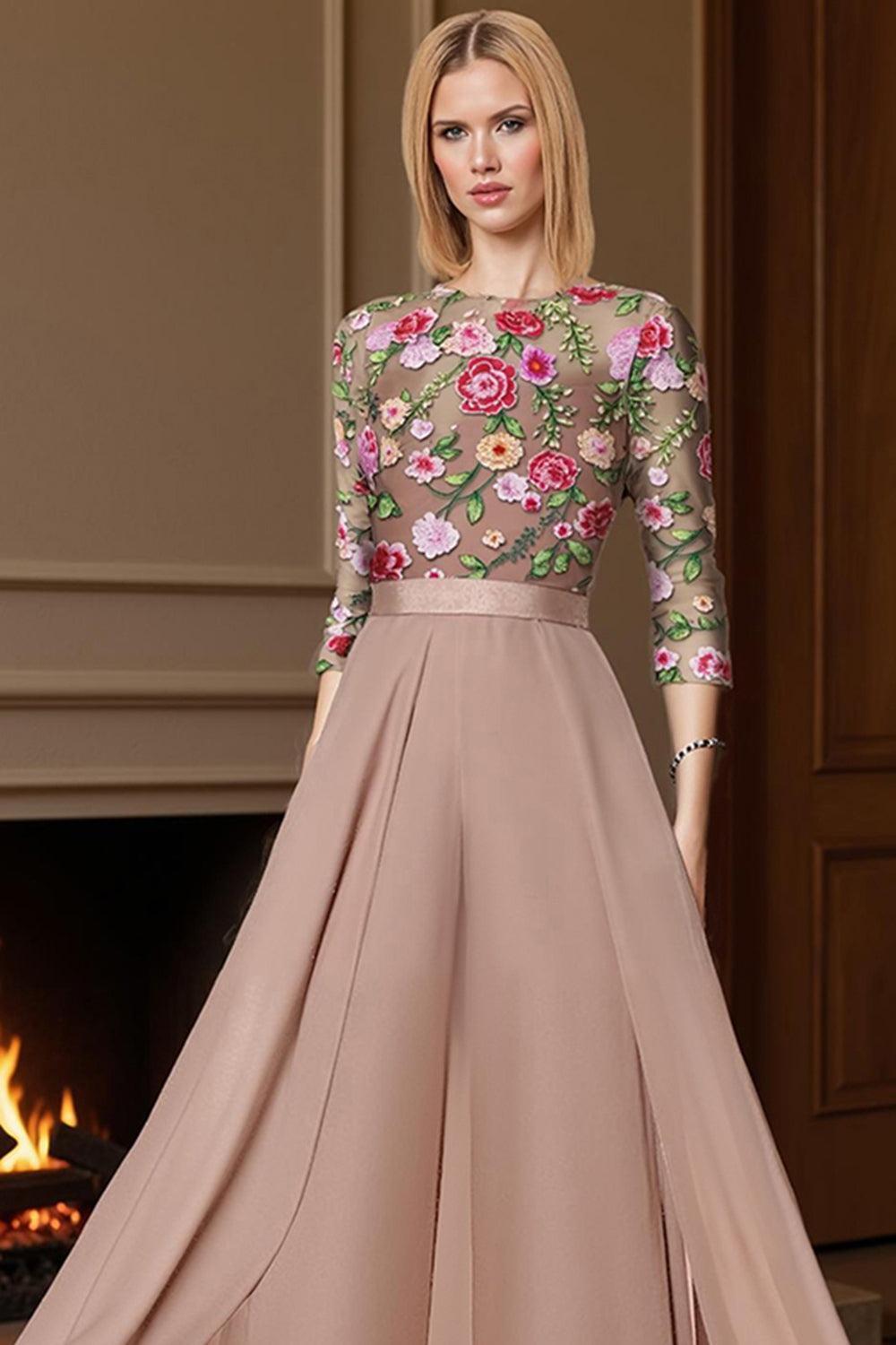 Dreamyannie Champagne Floral Boat Neck Floor Length Mother Of The Bride Jumpsuits With Cape