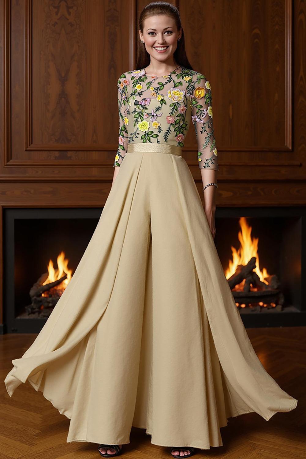 Dreamyannie Champagne Floral Boat Neck Floor Length Mother Of The Bride Jumpsuits With Cape