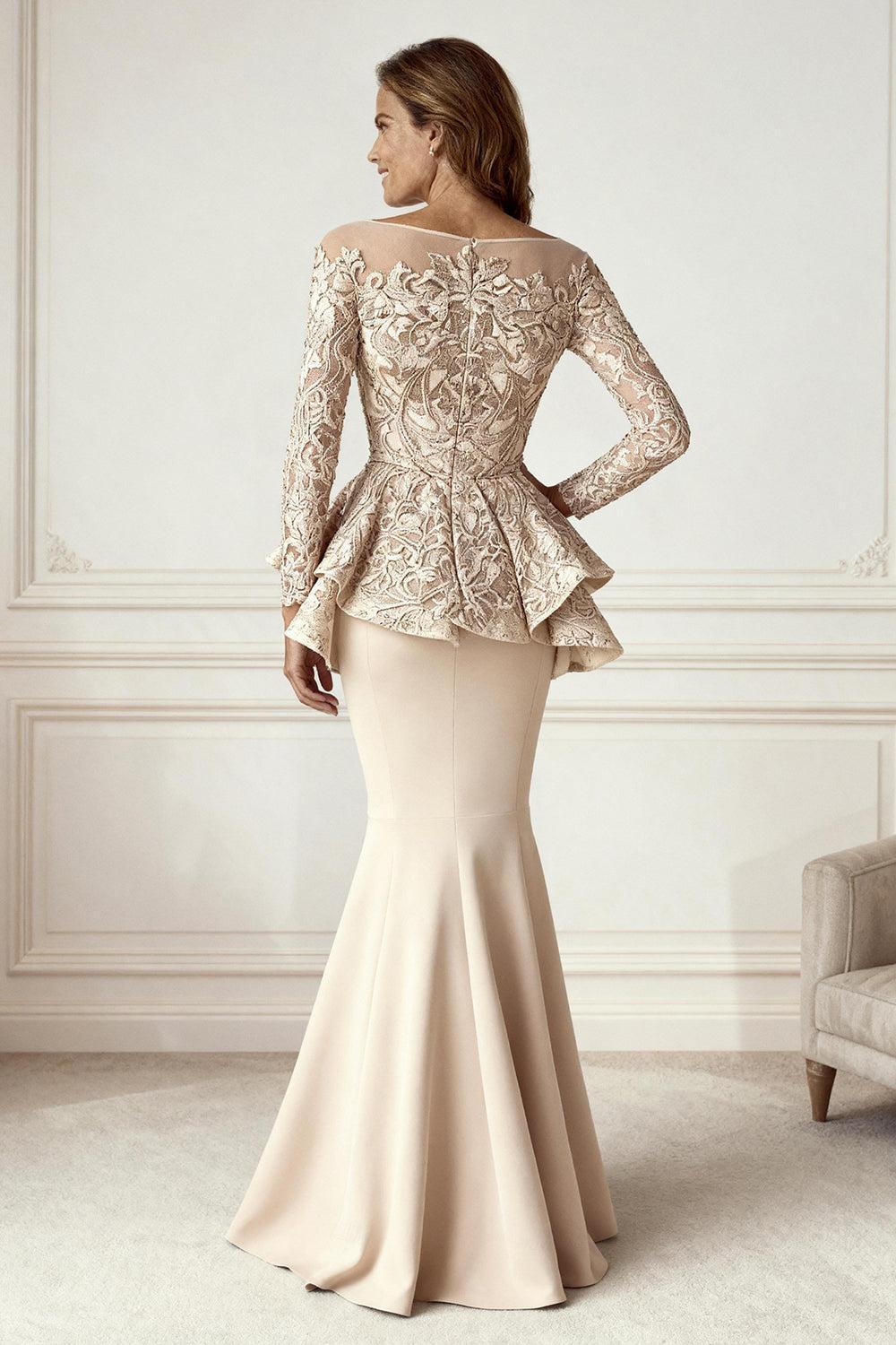Dreamyannie Champagne Mermaid Appliqued Floor Length Mother Of The Bride Dress With Sleeves