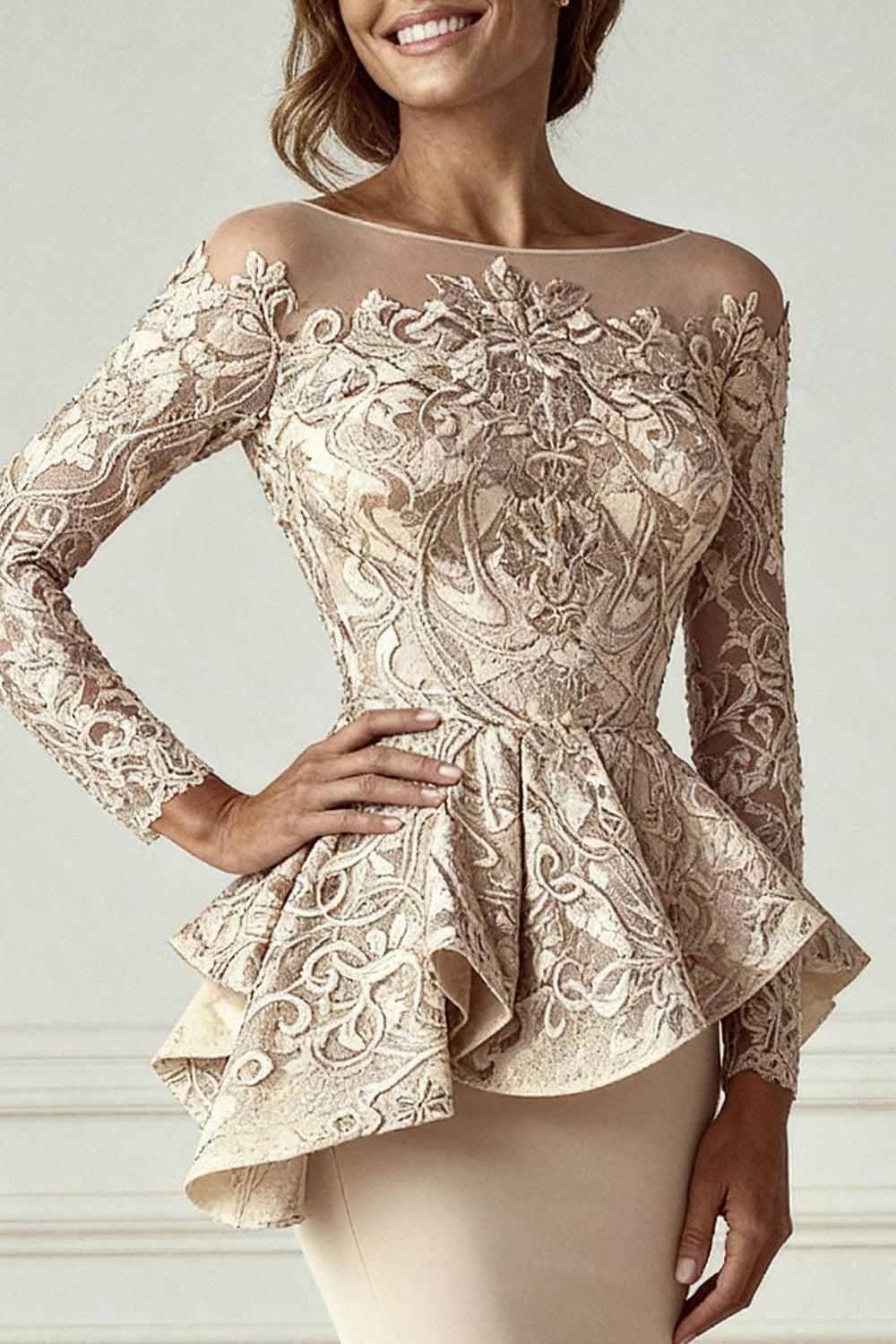 Dreamyannie Champagne Mermaid Appliqued Floor Length Mother Of The Bride Dress With Sleeves