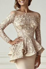 Dreamyannie Champagne Mermaid Appliqued Floor Length Mother Of The Bride Dress With Sleeves
