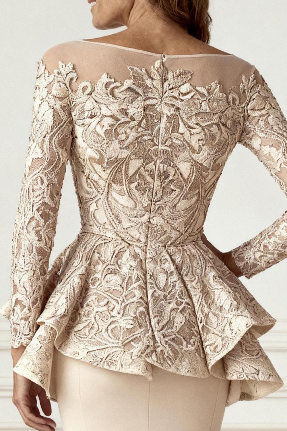 Dreamyannie Champagne Mermaid Appliqued Floor Length Mother Of The Bride Dress With Sleeves