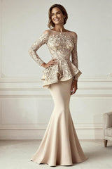 Dreamyannie Champagne Mermaid Appliqued Floor Length Mother Of The Bride Dress With Sleeves