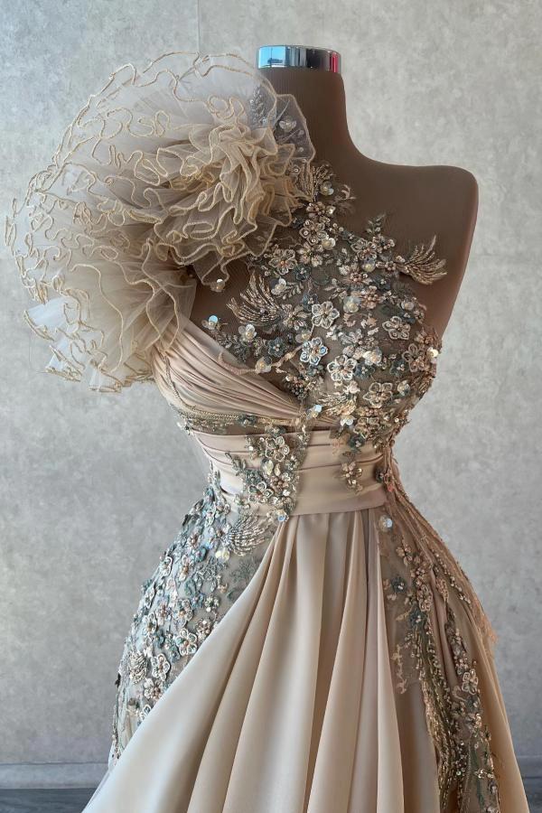Dreamyannie Champagne Prom Dress A Line One Shoulder Beaded Sleeveless Formal Dress