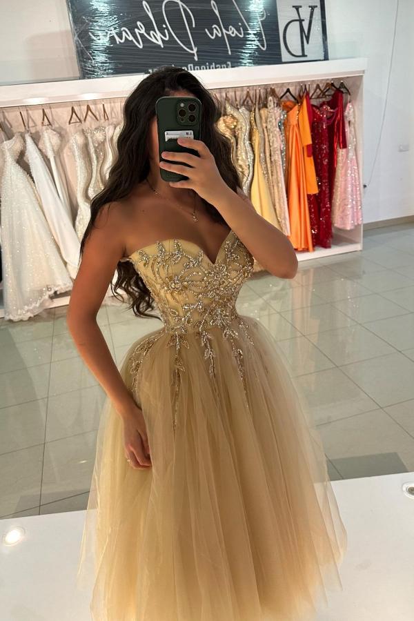 Dreamyannie Champagne Prom Dress A Line Sweetheart Sleeveless Tea Length Tulle Formal Dress With Beadings