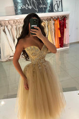 Dreamyannie Champagne Prom Dress A Line Sweetheart Sleeveless Tea Length Tulle Formal Dress With Beadings