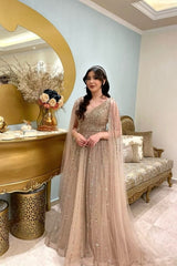 Dreamyannie Champagne Prom Dress A Line V Neck Sequined Floor Length Tulle Formal Dress