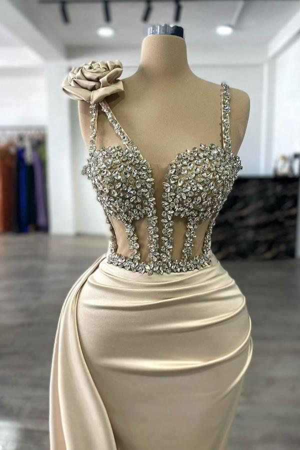 Dreamyannie Champagne Prom Dress Column Spaghetti Strap Sweetheart Panel Train Satin Formal Dress