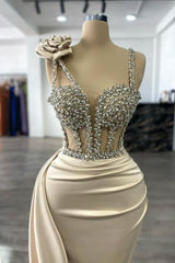 Dreamyannie Champagne Prom Dress Column Spaghetti Strap Sweetheart Panel Train Satin Formal Dress