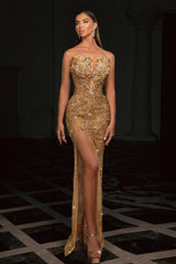 Dreamyannie Champagne Prom Dress Column Strapless Sleeveless Beaded Slit Tulle Formal Dress