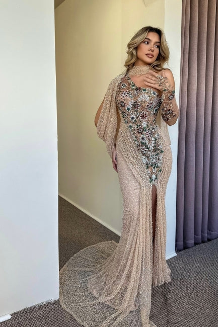 Dreamyannie Champagne Prom Dress Mermaid One Shoulder Cap Sleeve Beaded Sequined Slit Tulle Formal Dress