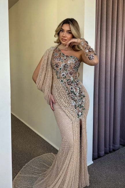 Dreamyannie Champagne Prom Dress Mermaid One Shoulder Cap Sleeve Beaded Sequined Slit Tulle Formal Dress