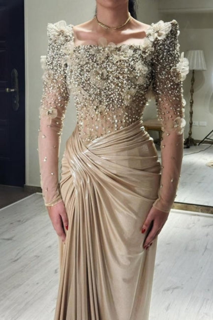 Dreamyannie Champagne Prom Dress Mermaid Square Beaded Sleeve Satin Formal Dress