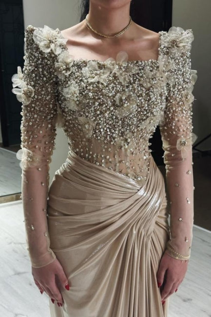 Dreamyannie Champagne Prom Dress Mermaid Square Beaded Sleeve Satin Formal Dress