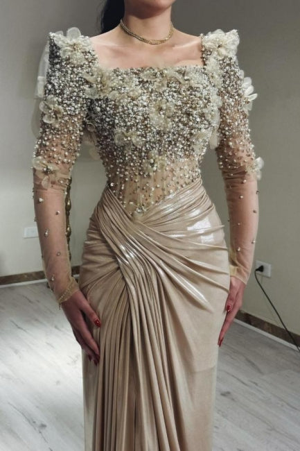 Dreamyannie Champagne Prom Dress Mermaid Square Beaded Sleeve Satin Formal Dress