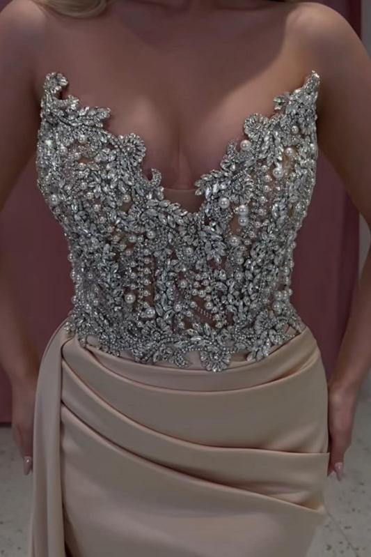Dreamyannie Champagne Prom Dress Mermaid Strapless Jewels Evening Dress
