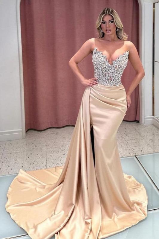 Dreamyannie Champagne Prom Dress Mermaid Strapless Jewels Evening Dress