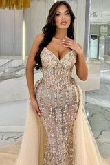 Dreamyannie Champagne Prom Dress Mermaid Strapless Lace Glitter Evening Dress With Detachable Train