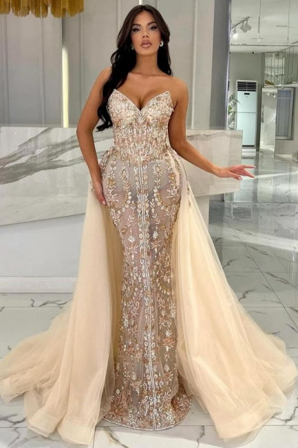 Dreamyannie Champagne Prom Dress Mermaid Strapless Lace Glitter Evening Dress With Detachable Train