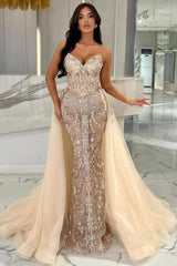 Dreamyannie Champagne Prom Dress Mermaid Strapless Lace Glitter Evening Dress With Detachable Train