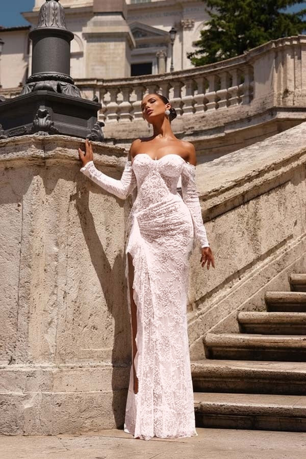 Dreamyannie Champagne Prom Dress Mermaid Sweetheart Off The Shoulder Lace Beaded Formal Dress