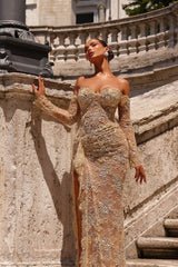Dreamyannie Champagne Prom Dress Mermaid Sweetheart Off The Shoulder Lace Beaded Formal Dress