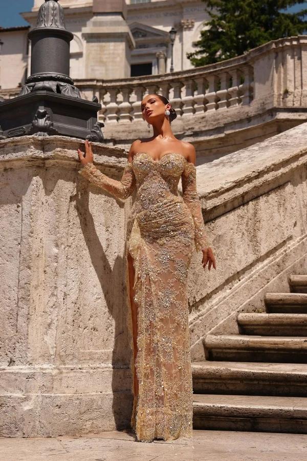 Dreamyannie Champagne Prom Dress Mermaid Sweetheart Off The Shoulder Lace Beaded Formal Dress