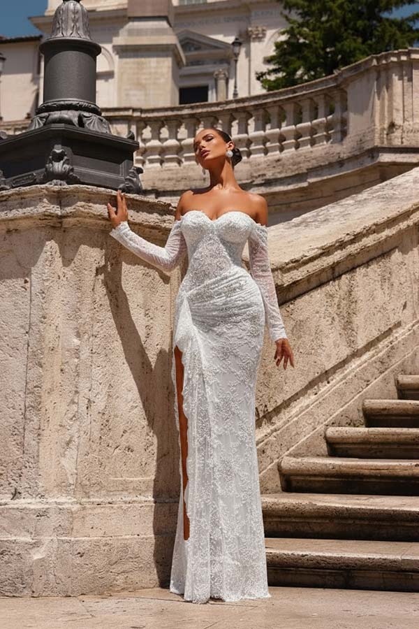 Dreamyannie Champagne Prom Dress Mermaid Sweetheart Off The Shoulder Lace Beaded Formal Dress