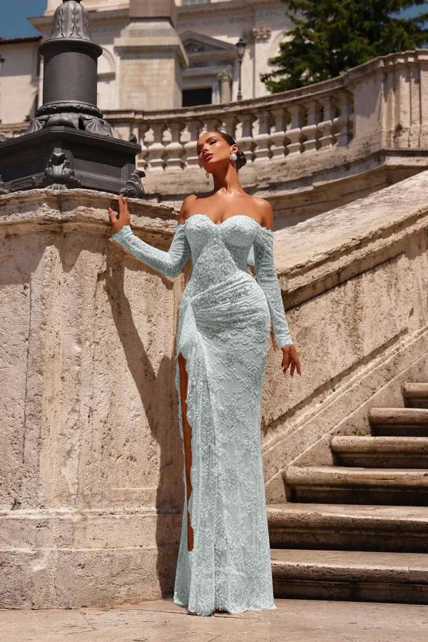 Dreamyannie Champagne Prom Dress Mermaid Sweetheart Off The Shoulder Lace Beaded Formal Dress