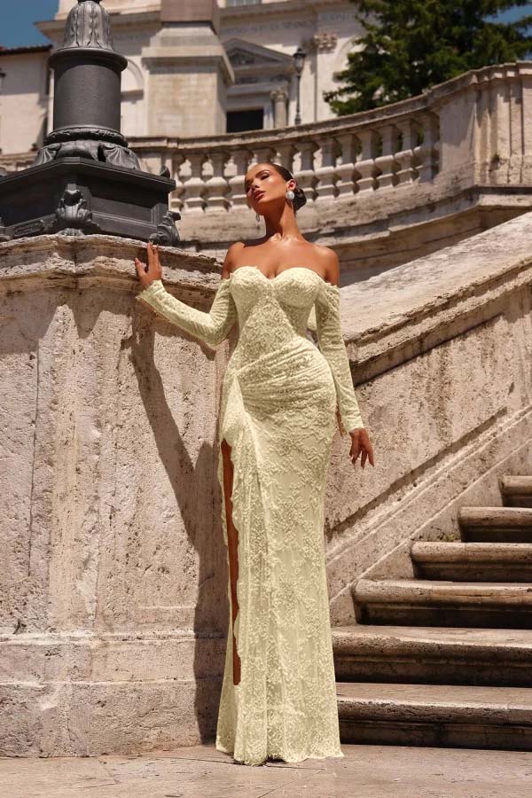 Dreamyannie Champagne Prom Dress Mermaid Sweetheart Off The Shoulder Lace Beaded Formal Dress
