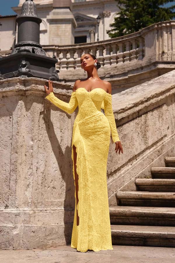 Dreamyannie Champagne Prom Dress Mermaid Sweetheart Off The Shoulder Lace Beaded Formal Dress