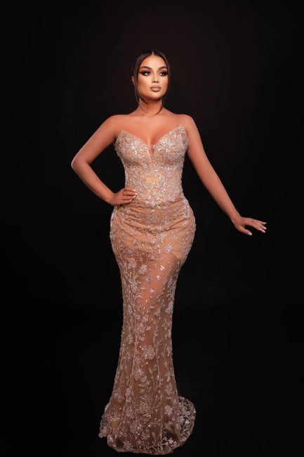 Dreamyannie Champagne Prom Dress Mermaid Sweetheart Sleeveless Lace Formal Dress With Appliques