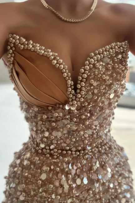 Dreamyannie Champagne Prom Dress Sequined Beads Sleeveless Formal Dress