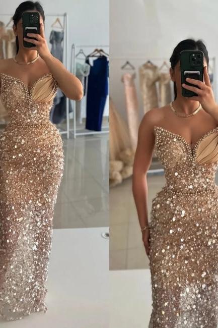 Dreamyannie Champagne Prom Dress Sequined Beads Sleeveless Formal Dress