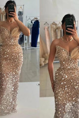 Dreamyannie Champagne Prom Dress Sequined Beads Sleeveless Formal Dress
