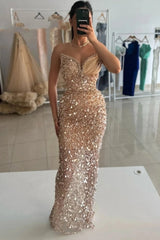 Dreamyannie Champagne Prom Dress Sequined Beads Sleeveless Formal Dress