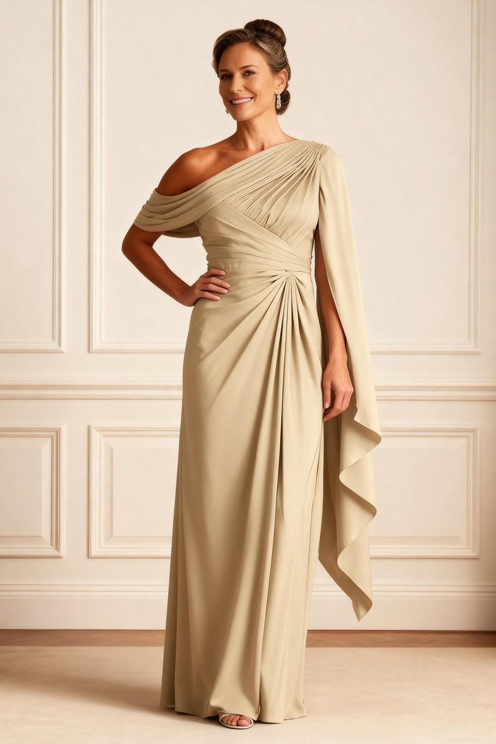 Dreamyannie Champagne Ruffled One Shoulder Floor Length Mother Of The Bride Dress With Side Cape