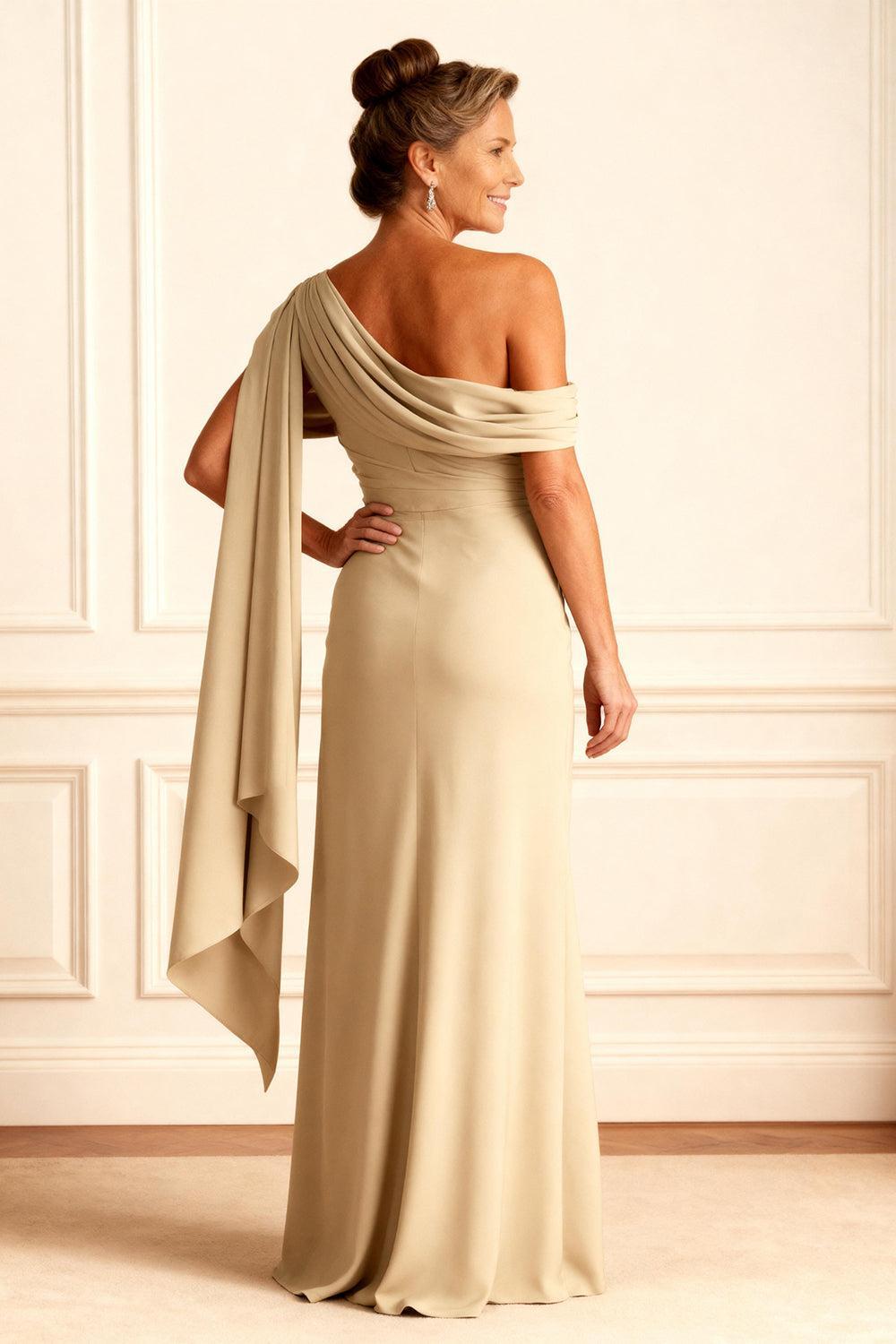 Dreamyannie Champagne Ruffled One Shoulder Floor Length Mother Of The Bride Dress With Side Cape
