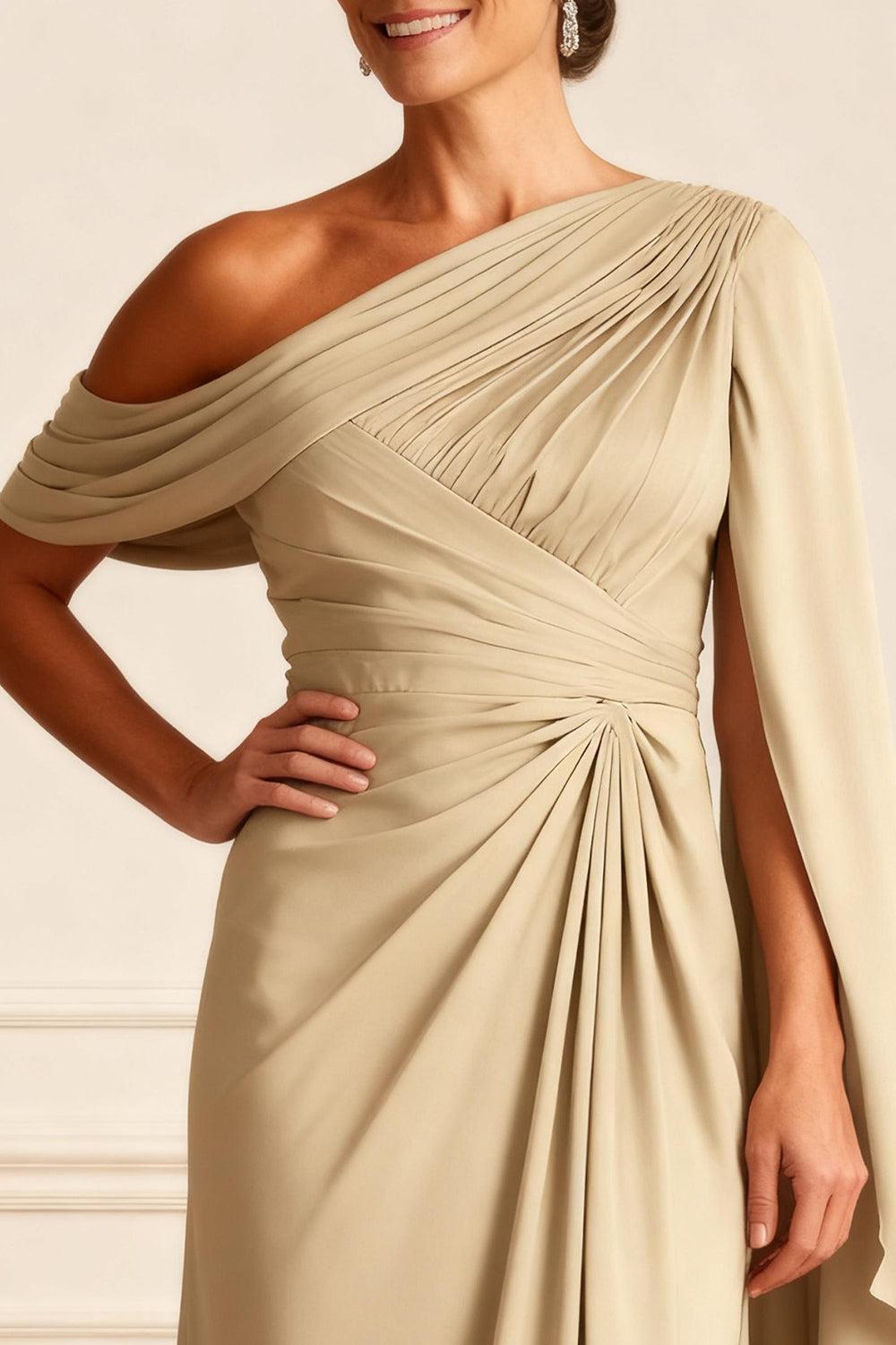 Dreamyannie Champagne Ruffled One Shoulder Floor Length Mother Of The Bride Dress With Side Cape