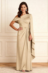 Dreamyannie Champagne Ruffled One Shoulder Floor Length Mother Of The Bride Dress With Side Cape