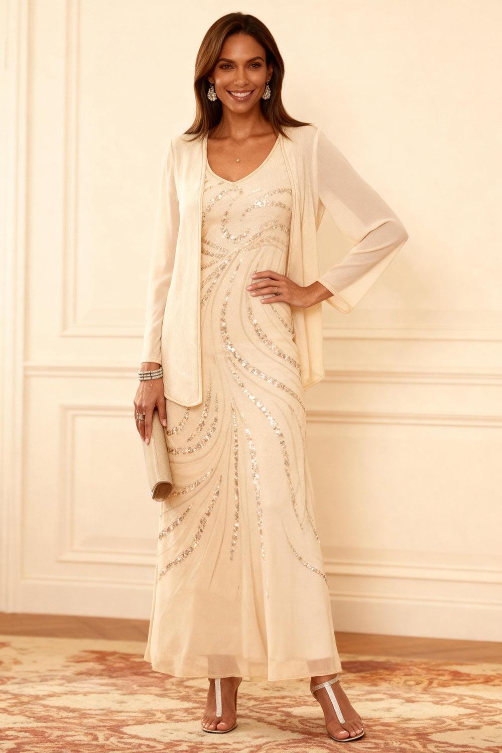 Dreamyannie Champagne Sequins 2 Piece Ankle Length Mother Of The Bride Dress With Jacket