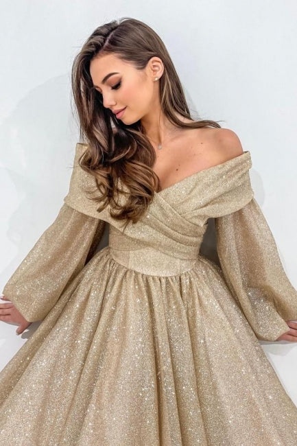 Dreamyannie Champagne Wedding Guest Dress A Line Off The Shoulder Sleeves Evening Dress With Glitter