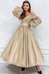Dreamyannie Champagne Wedding Guest Dress A Line Off The Shoulder Sleeves Evening Dress With Glitter