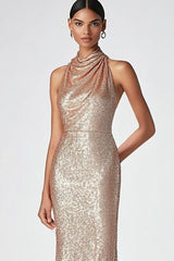 Dreamyannie Champagne Wedding Guest Dress Halter Mermaid Long Formal Dress